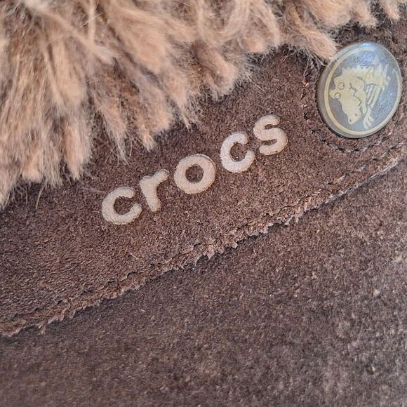 Crocs Clog Cobbler Eva Brown Suede Faux Fur Lined Slip On Mule Chunky Boho sz 7 - Picture 11 of 12